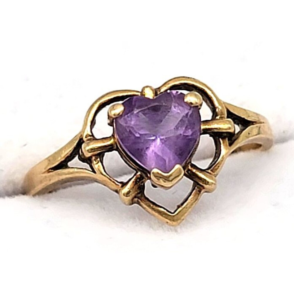 10K Yellow Gold Purple Amethyst Heart Solitaire Ring Size 6.6 Vintage 2.07 Grams